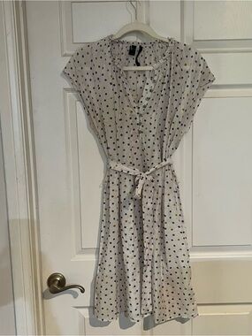 Mango Cream Midi Dress with Black and Gold Polka Dots